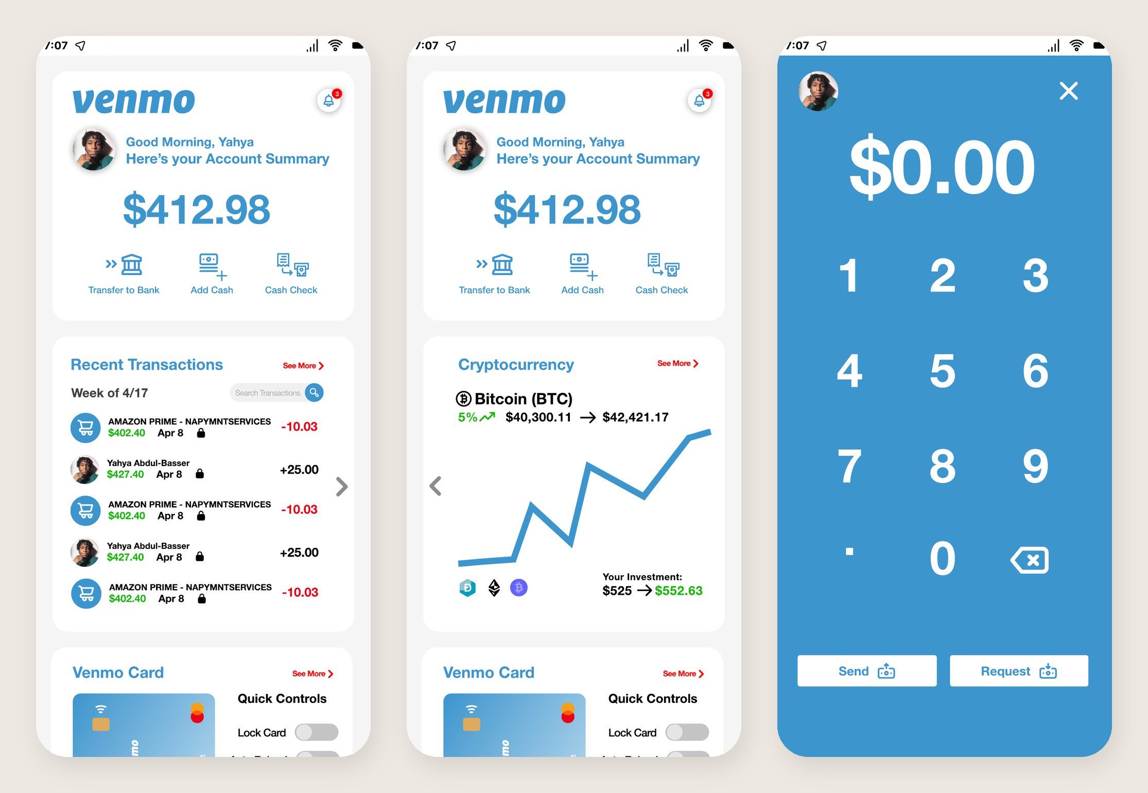 Three phone screens from a Venmo redesign concept: balance-first home, crypto view and a send/request keypad