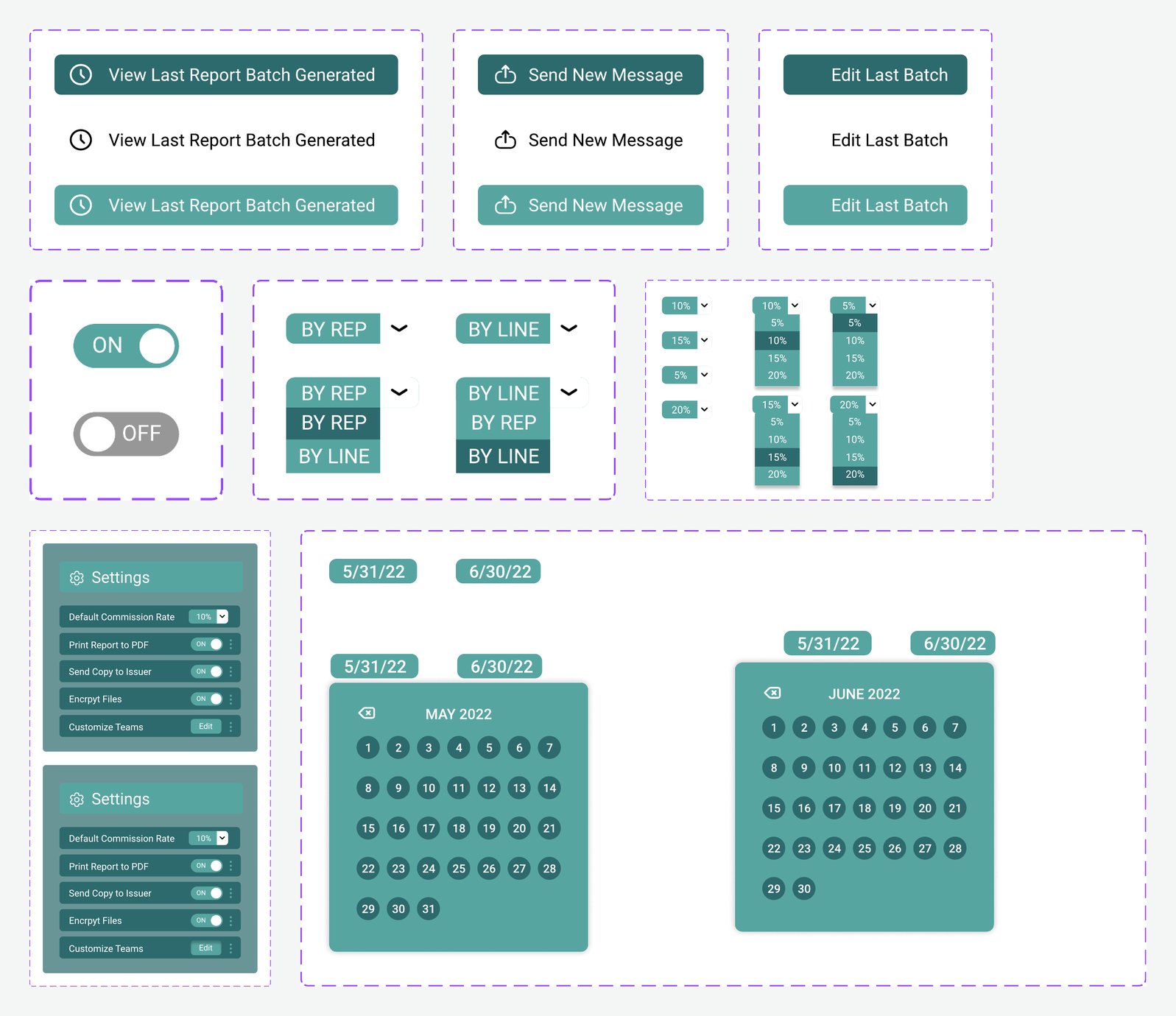 Figma component sets: button variants, toggles, sort and commission-rate dropdowns, a settings panel and a date-range picker