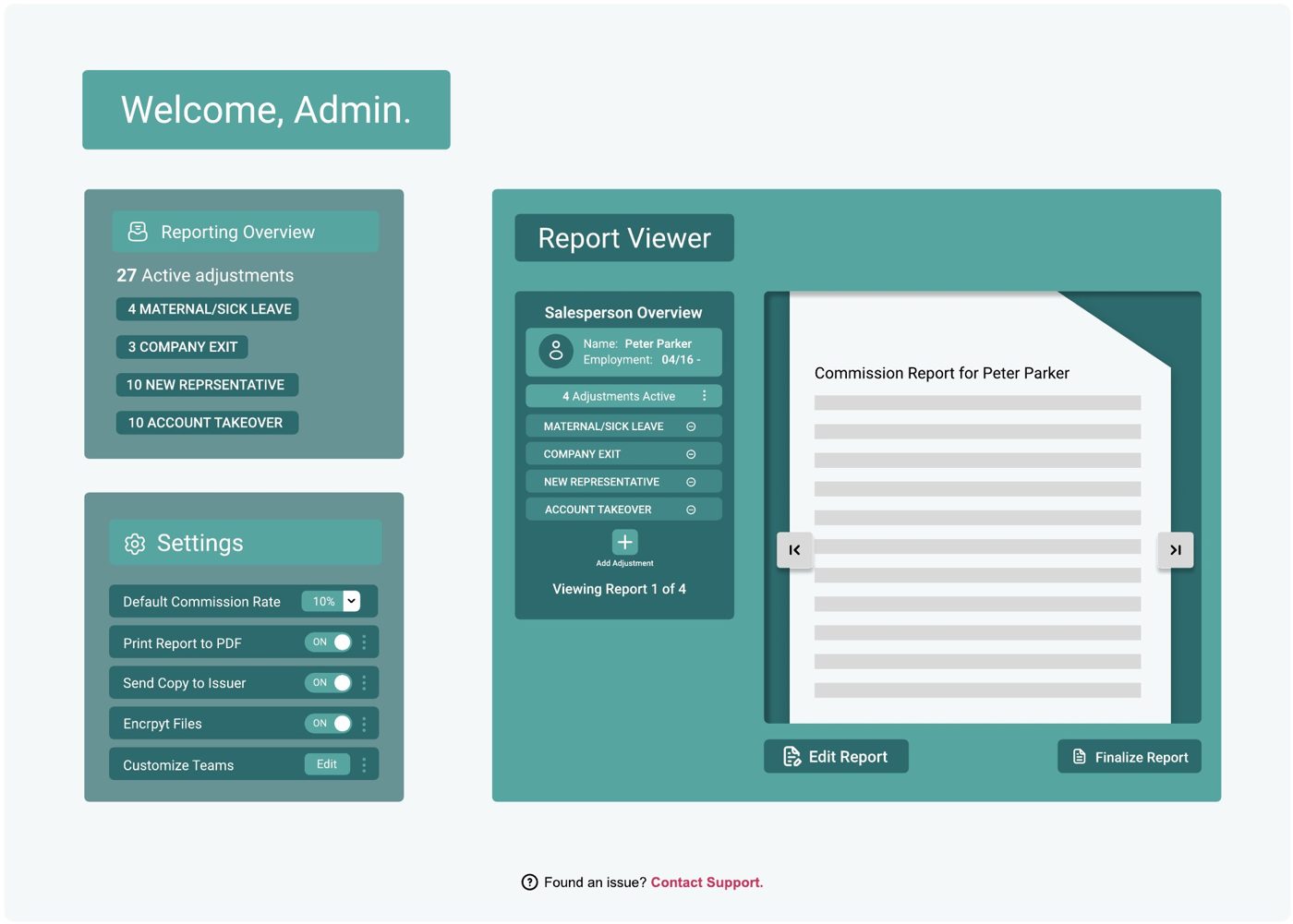 Figma report viewer listing a rep's active adjustments