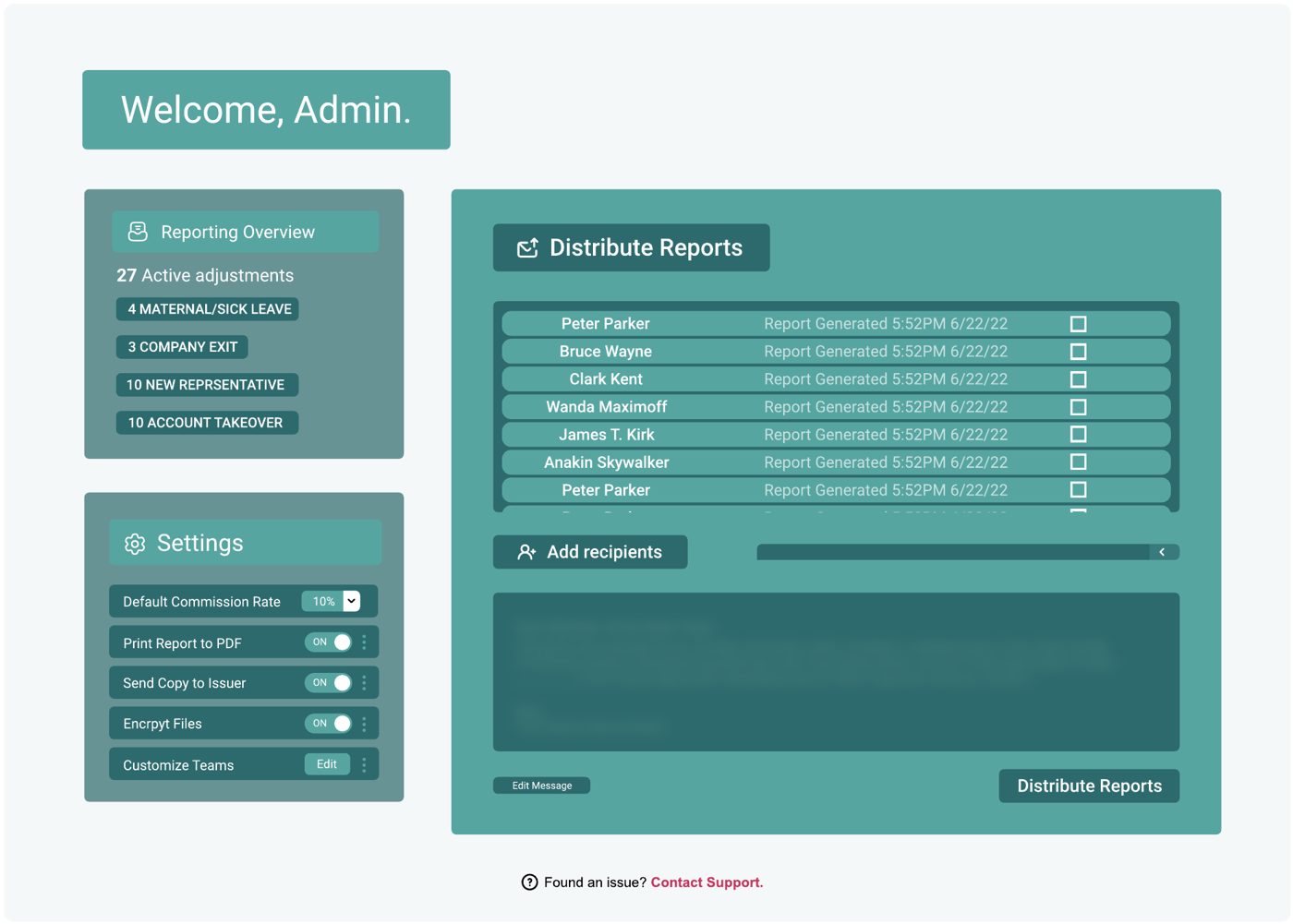 Figma distribute screen with a recipient list and editable message