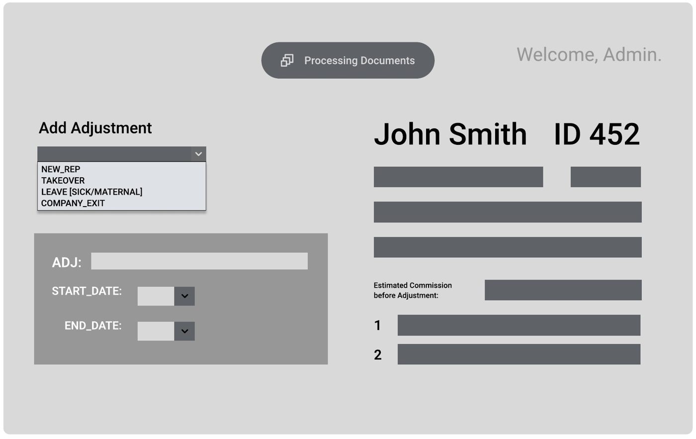 Wireframe adjustment form with raw codes like NEW_REP