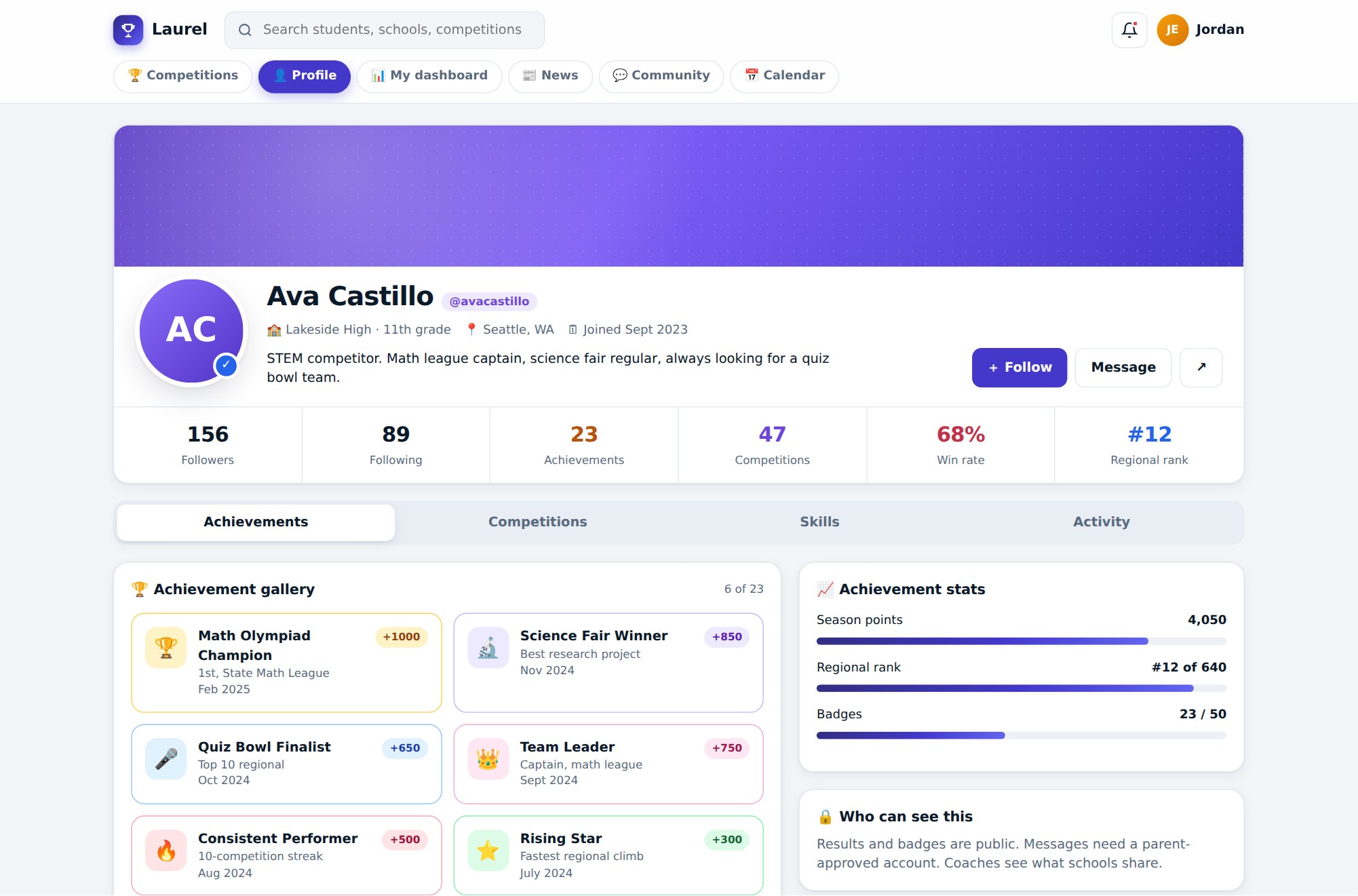 Student profile with follower count, achievements, competition history and season progress